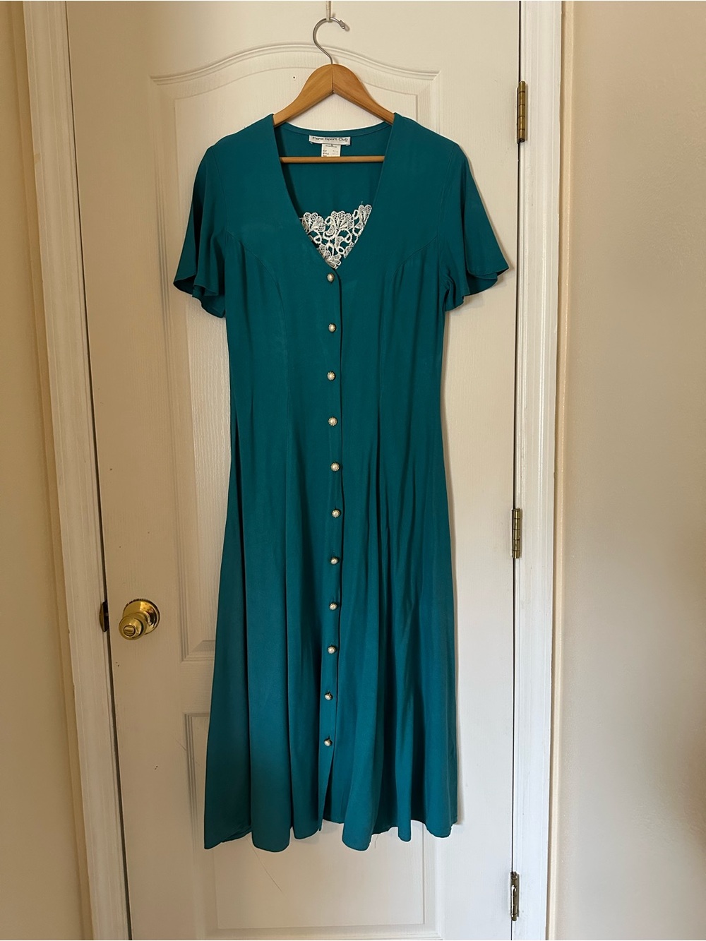Vintage Button-Front Teal Midi Dress with Lace Inset